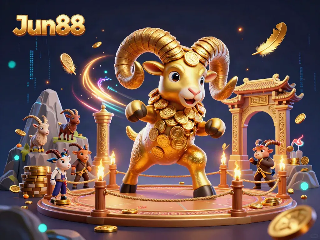 Experience thrilling action at Jun88 with a golden ram charging into a vibrant gambling arena.
