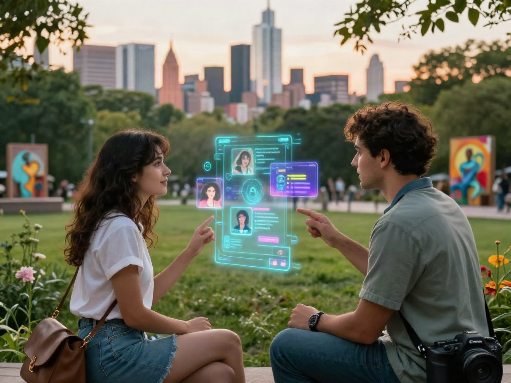 AI gf engaging with partner in urban park, showcasing technology-enhanced dating.