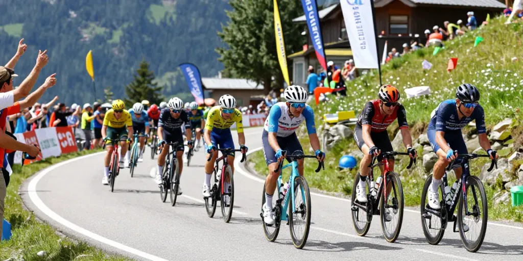 Ciclisti in gara su una strada di montagna, spettatori entusiasti e bandiere che sventolano, momento di intensità sportiva.