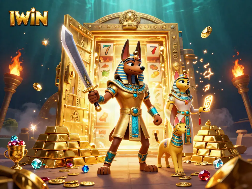 IWIN showcases a thrilling 3D scene of Anubis and Bastet amidst slot elements and golden treasures.