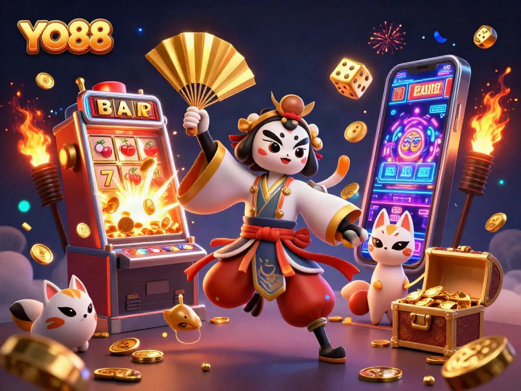 Spin and win with YO88's vibrant casino fantasy scene, showcasing thrilling slot elements and colorful gaming icons.