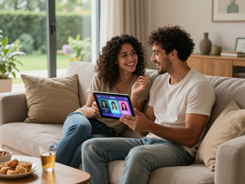 Couple using AI sex chat on a tablet in a cozy living room, showcasing intimate interaction and technology.