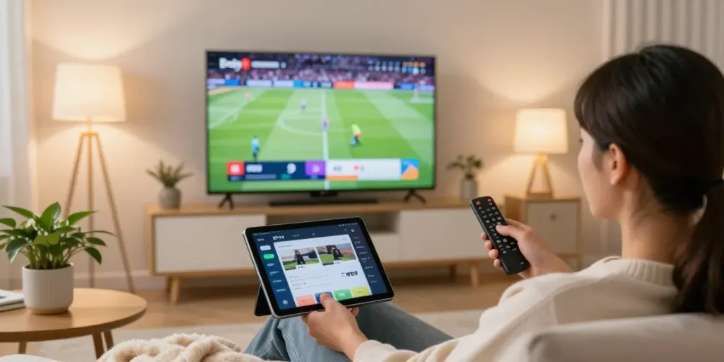 Test IPTV in a cozy home setting with a person streaming sports on a smart TV.