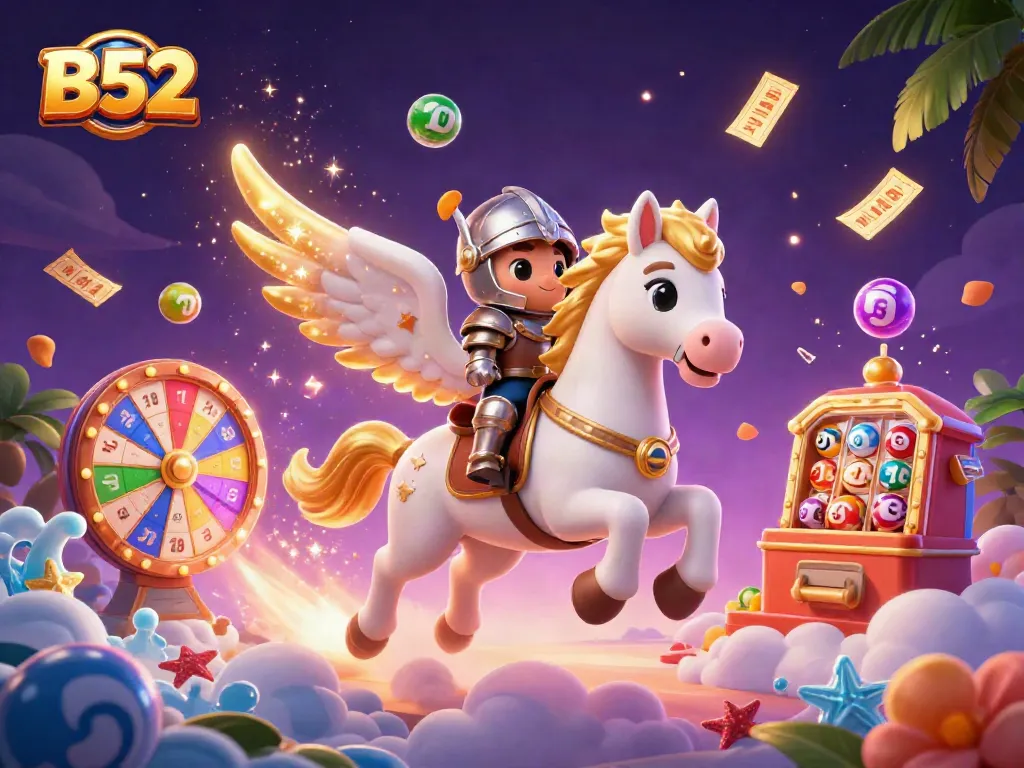 Experience thrilling B52 winnings with a celestial knight amidst bouncing lottery balls.