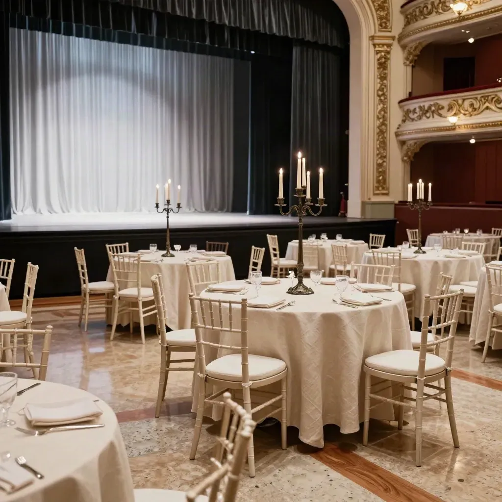 Auditorium allestito per gala con tavoli rotondi, sedie chiavarine e luci di scena.