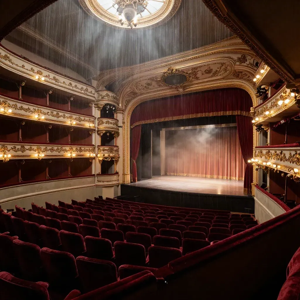 Interno di teatro storico vuoto con velluto rosso, balconate dorate e palco illuminato.