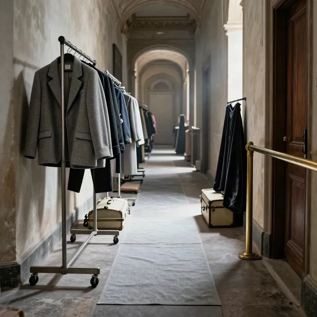 Corridoio backstage del teatro con percorso visite e costumi appesi, atmosfera elegante e luminosa.