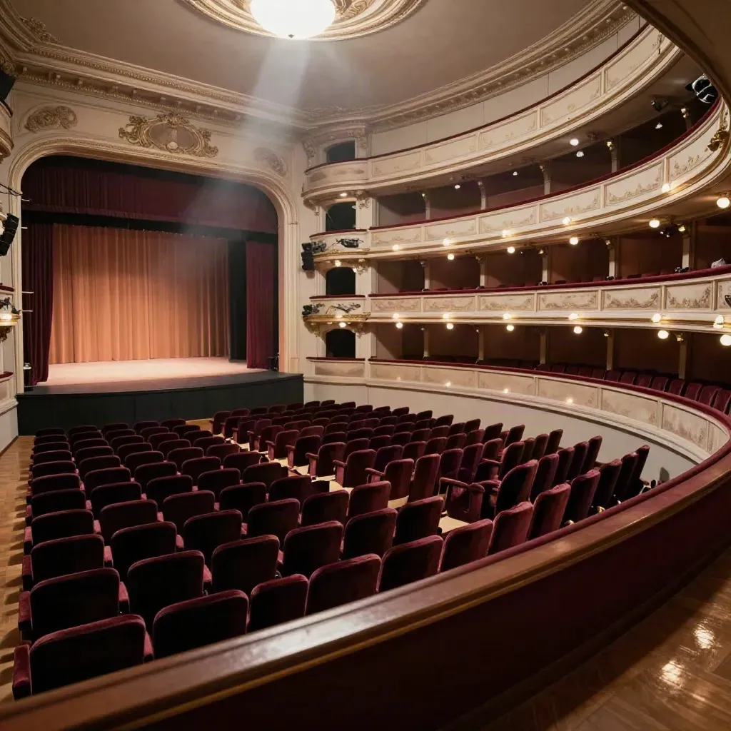 Auditorium vuoto pronto per la prima, con sipario semiaperto e luce calda sul palco.