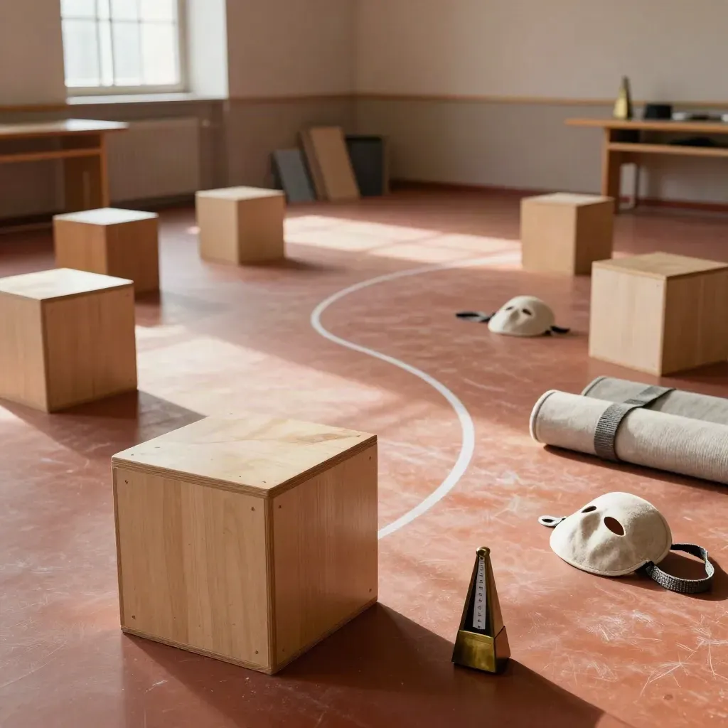Laboratorio scuola con cubi di legno, maschere, tappeti scenici e luce calda da finestra.