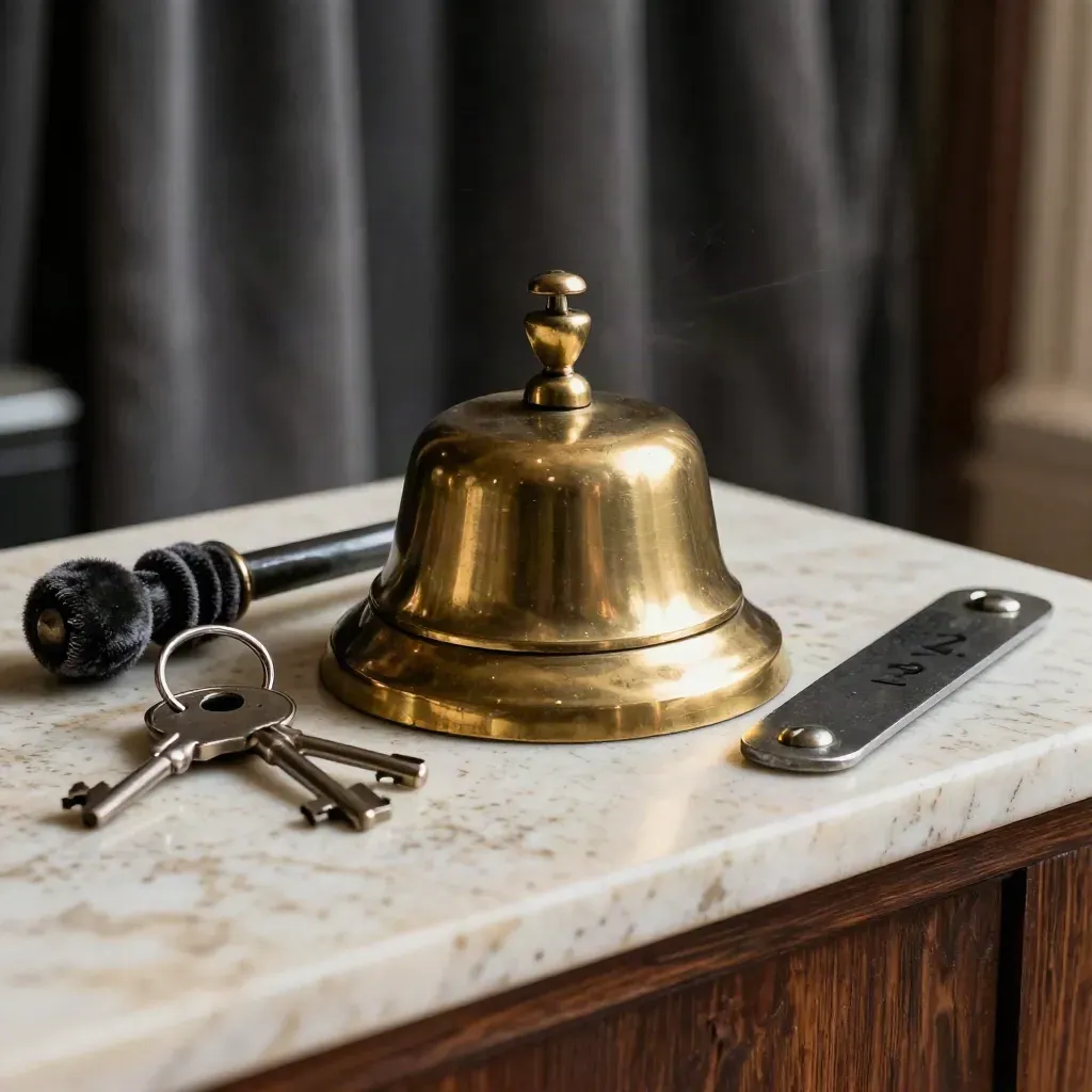 Campanello in ottone, chiavi e segnaposto di sala su travertino.