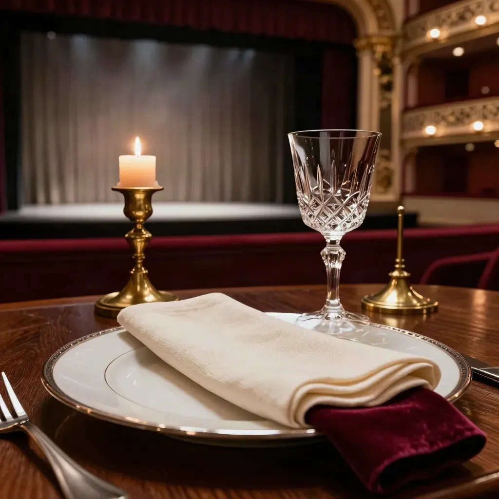 Sala teatrale allestita per un gala d'arte, con tavoli rotondi, candele e luce calda.