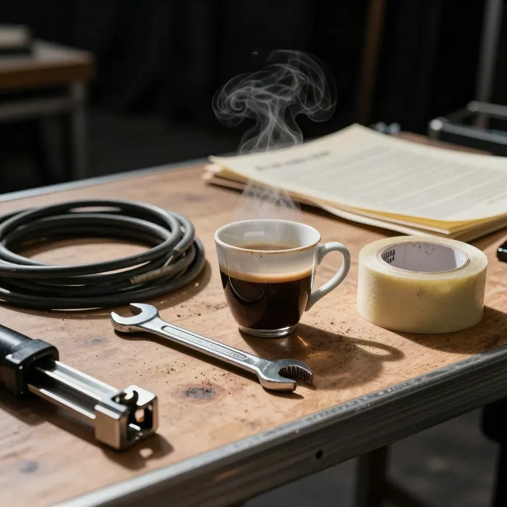 Tavolo tecnico di palco con caffè, cavo arrotolato, nastro, chiave e morsetto nel controluce