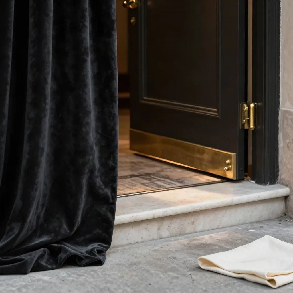 Tenda di velluto, maniglia in ottone e soglia luminosa del teatro.