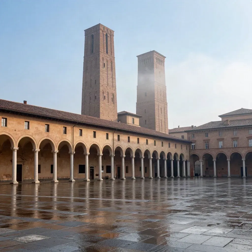 I portici di Bologna e le Due Torri emergono nella nebbia su una piazza bagnata.