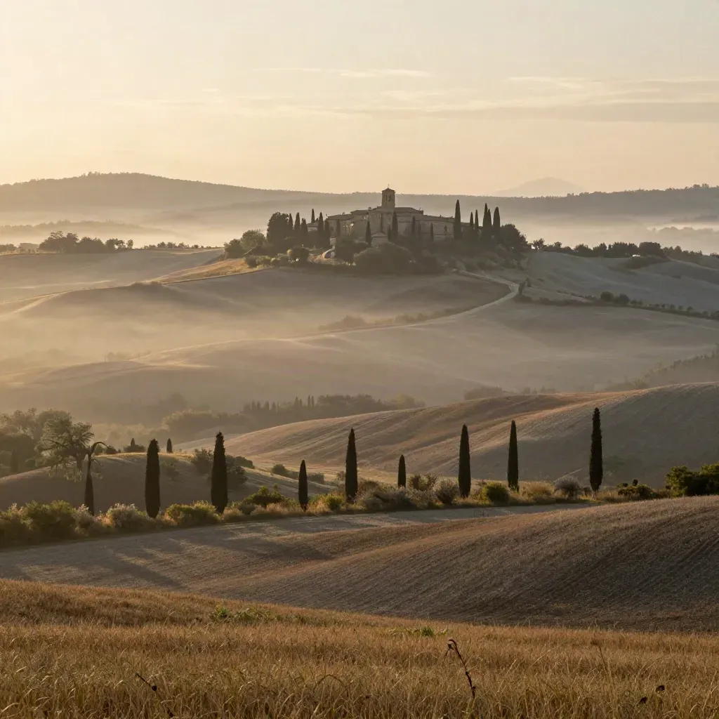 Colli della Val d’Orcia all’alba con cipressi e borgo collinare nella nebbia