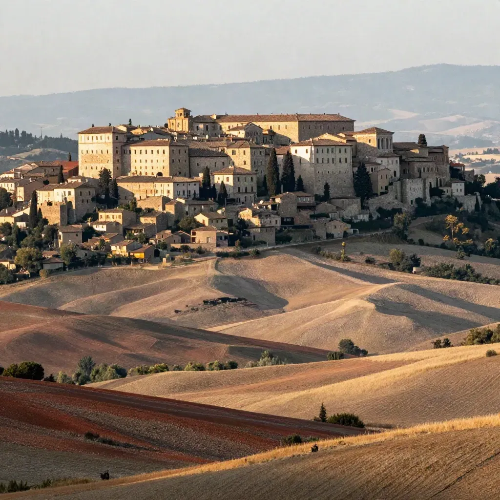 Urbino al tramonto sopra le colline marchigiane, con il centro storico in alto e i campi quieti sotto