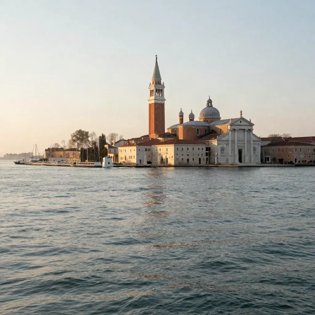 Laguna veneziana al tramonto con San Giorgio Maggiore e riflessi lunghi sull’acqua