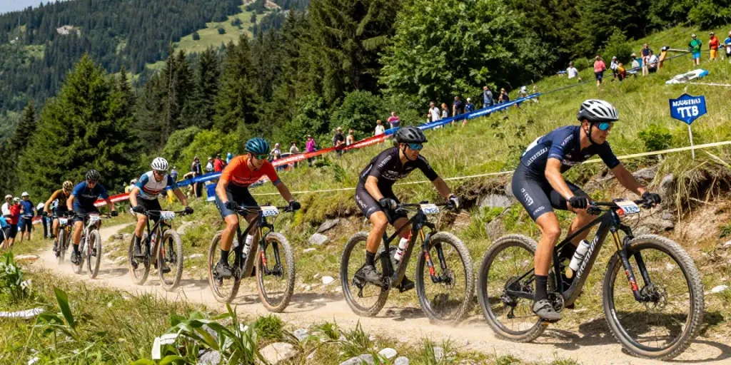 Diverse ciclisti competing in the Mondiali MTB 2026 on a vibrant mountain trail.