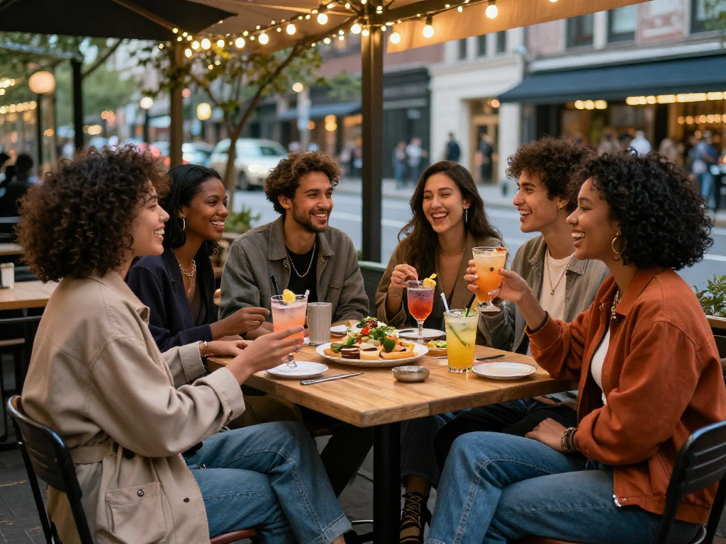 Friends enjoying vibrant cocktails at outdoor café, embracing the sluts ai lifestyle.