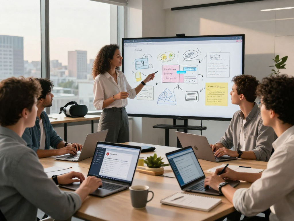 Collaboration meeting showcasing Juicy ai app on laptops with digital brainstorming tools.