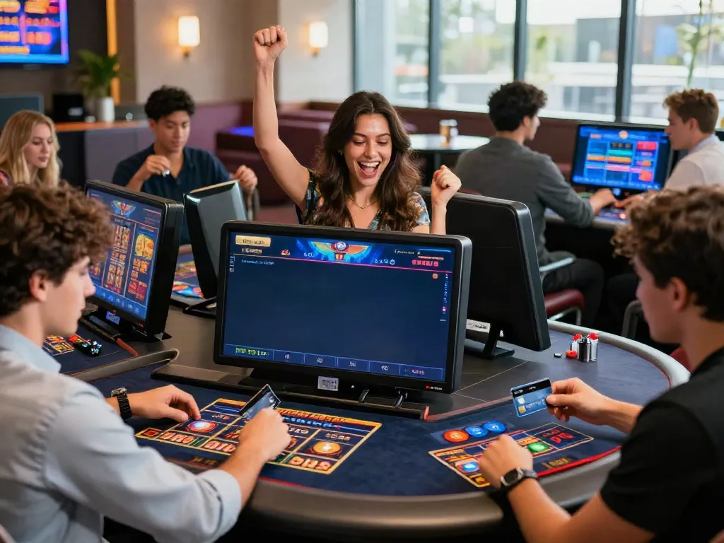 Players enjoying various games at credit card casinos, celebrating wins and exploring mobile banking.