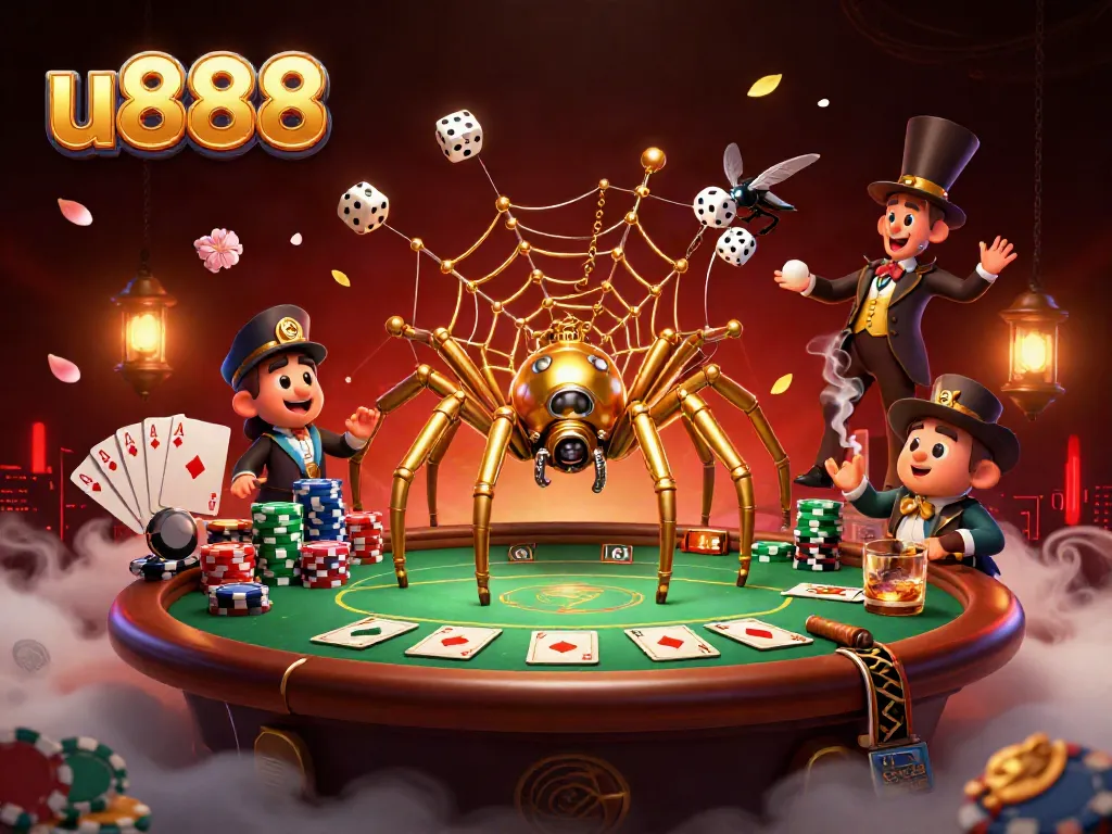 Experience the vibrant world of u888 with steampunk characters, intricate webs, and lively poker scenes.