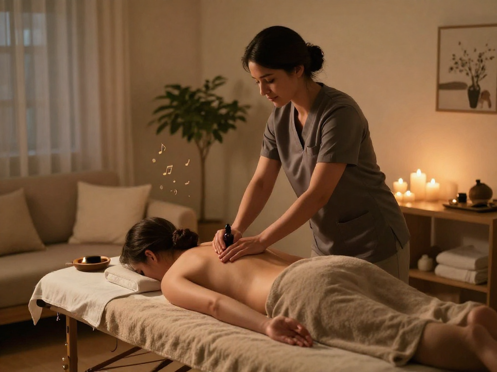 Professional therapist providing 출장마사지 in a serene home setting with soft lighting and calming ambiance.