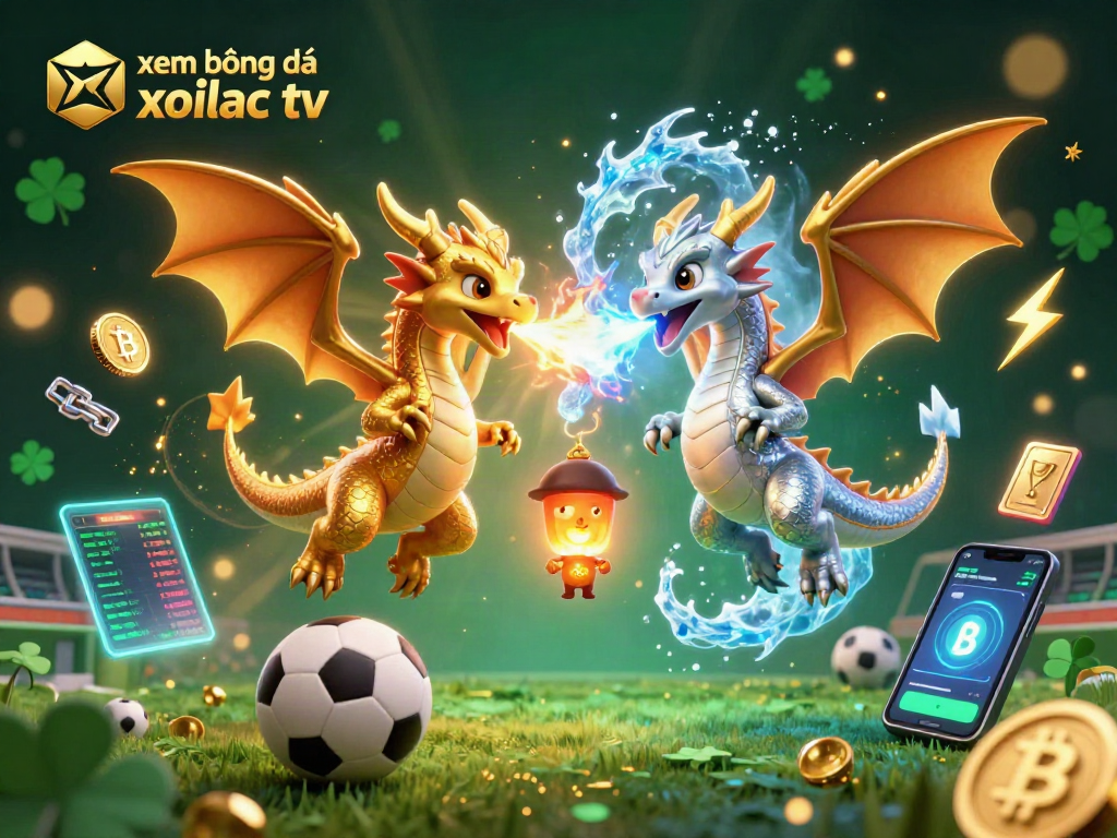 xem bóng đá xoilac tv showcases intertwined dragons and sports betting elements in a vibrant digital illustration.
