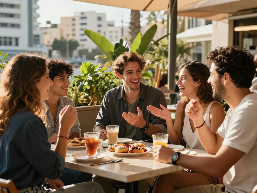 The lively atmosphere of an outdoor café in Ramat Gan, capturing friends engaged in conversation and laughter.