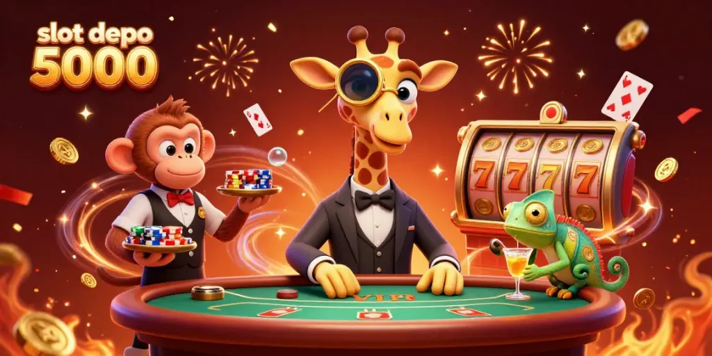 Experience the thrill of slot depo 5000 with vibrant colors, dramatic characters, and dynamic casino elements in this fantasy gaming scene.