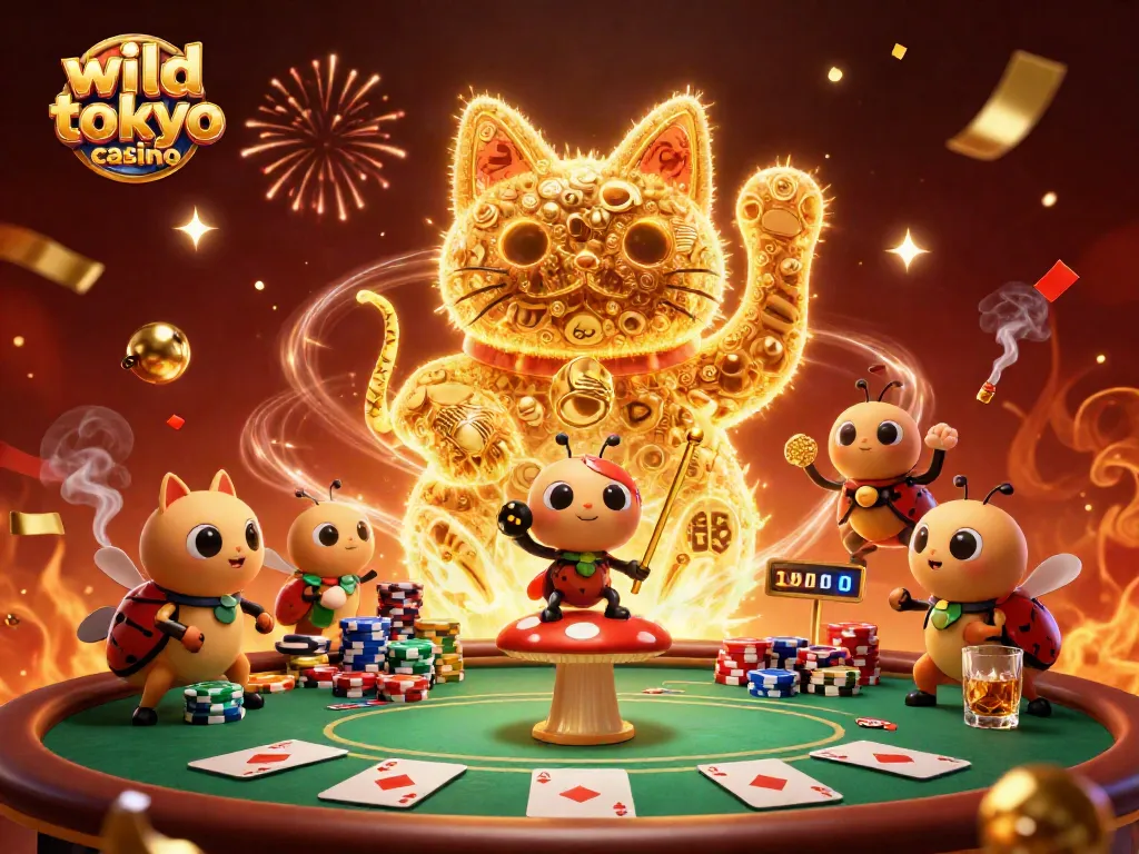 Experience the thrilling wild tokyo casino atmosphere with a vibrant 3D cat surrounded by poker and celebration.