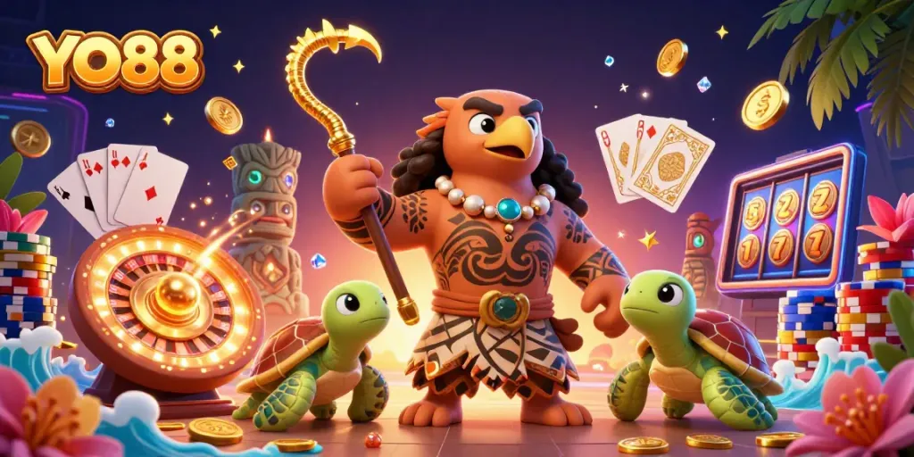 Engage with YO88 through vibrant games featuring colorful coins, cards, and a demigod hawk.